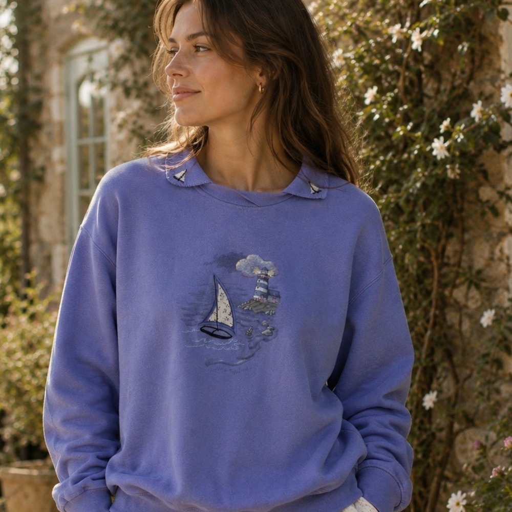 Vintage Northern Reflections Collared Sweatshirt Sz M Blue Lighthouse‎ Sailboat